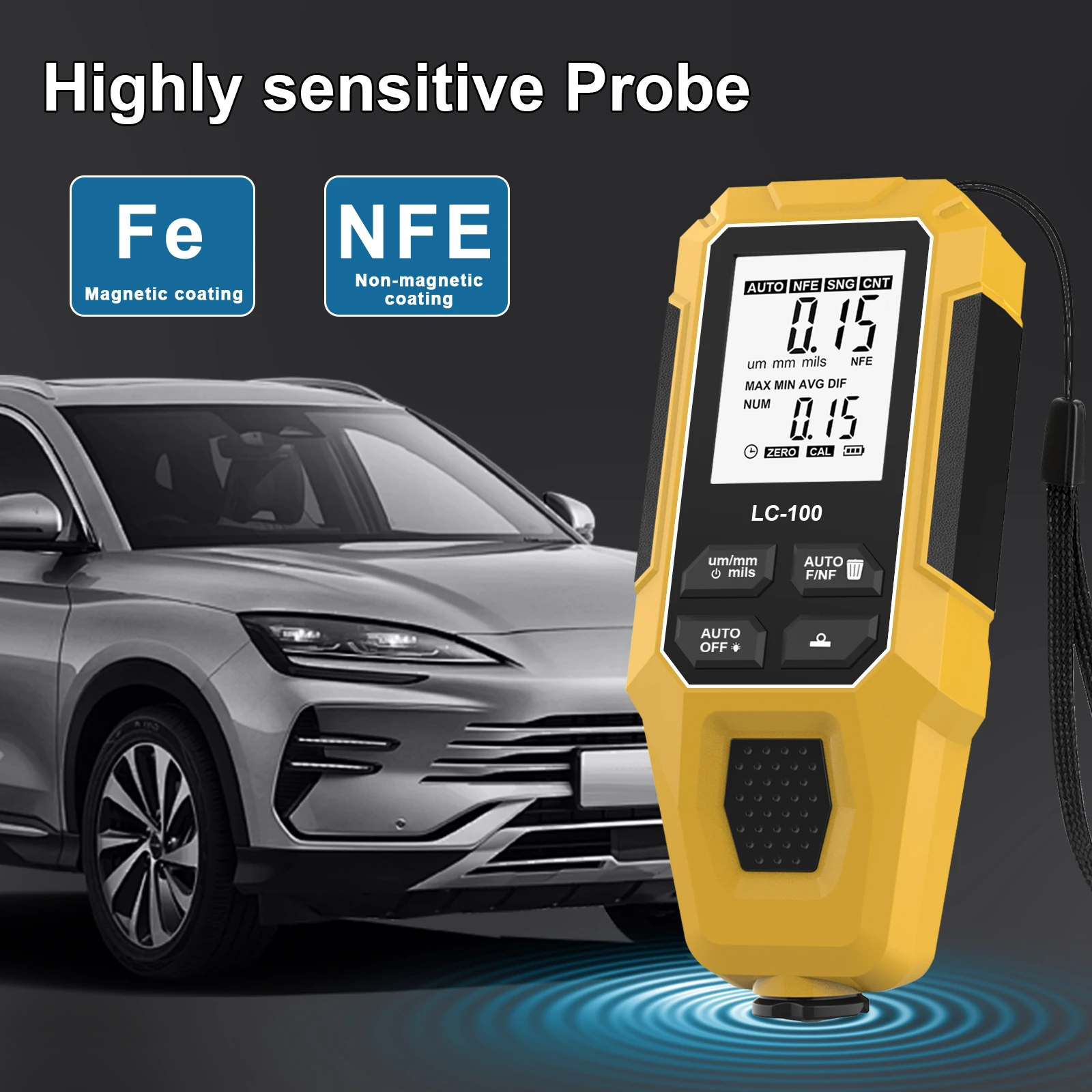 

New Car Paint Coating Thickness Gauge Meter 0-2000µm Fe & NFe Probe for Electroplate & Metal Coating Measurement