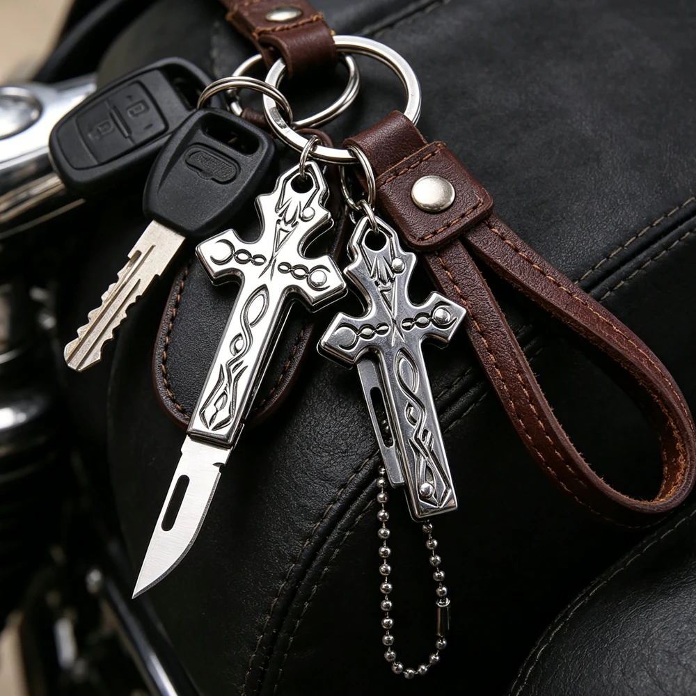 Stainless Steel Cross-Shaped Folding Pocket Knife, Mini EDC Utility Knife with Keychain, Portable Multi-Tool for Outdoor