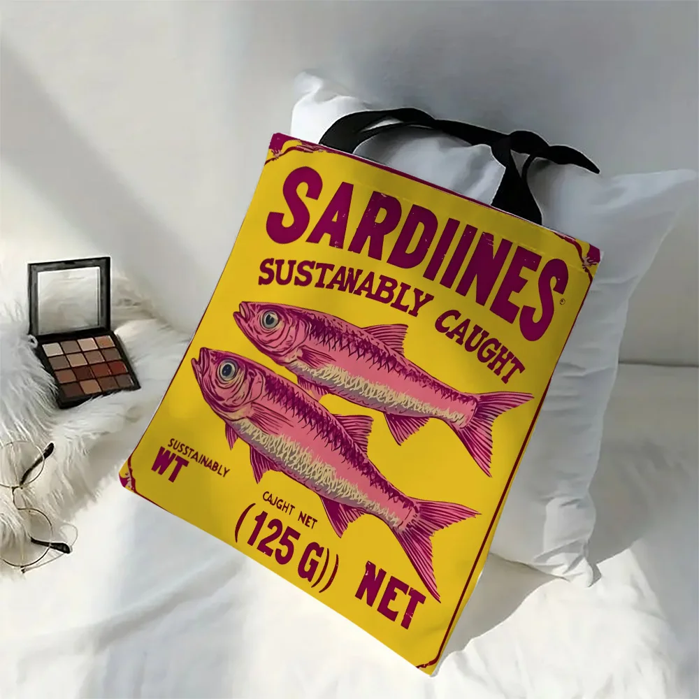 1pc Sardine Design Durable Polyester Tote Bag -Large Capacity Sturdy Shopping Bag Printed Sardines Sustainably Caught Bag