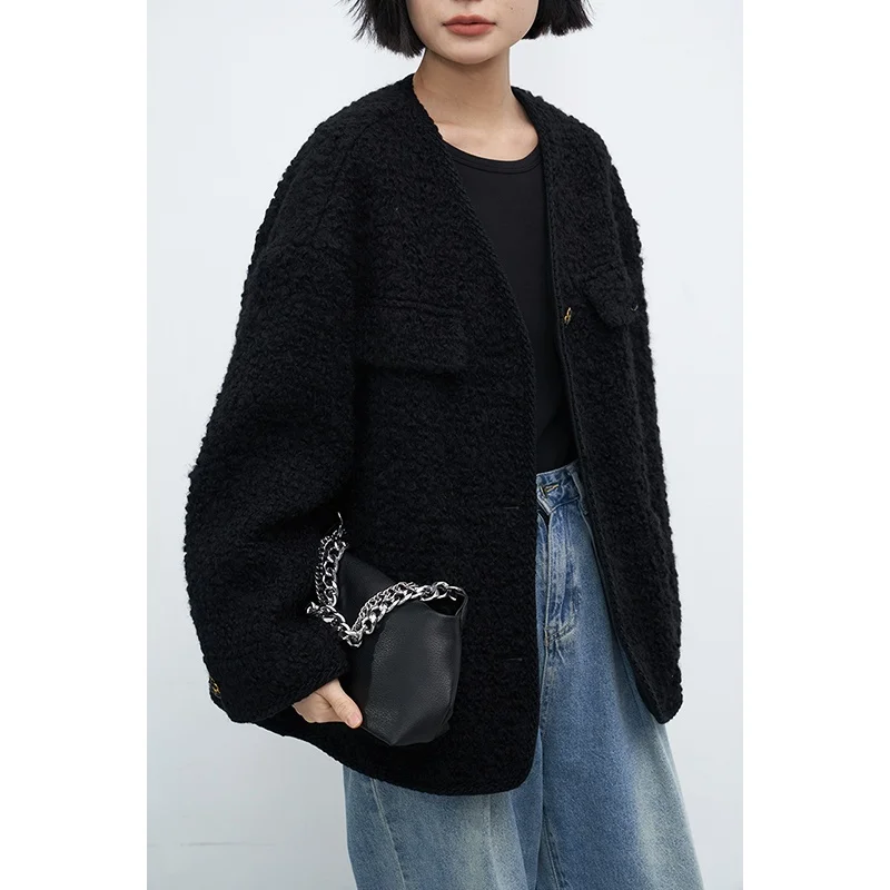 

Весеннее шерстяное пальто Chicven в стиле ретро с v-образным вырезом, женское твидовое пальто для тяжелой промышленности, однотонный топ для поездок на работу