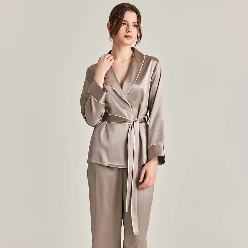 

22MM 100% Mulberry Silk Kimono Pajamas Set Women's Spring Autumn Japanese Cardigan Long Sleeves Trousers Belted Pajama Set PJS