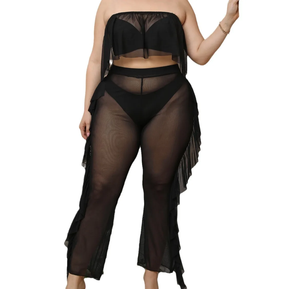 Tweedelige Sets Vrouwen Aan Zee Strandset Sexy Doorzichtige Mesh Plus Size Dames Bustier Top Gegolfde Broek Tweedelige Set