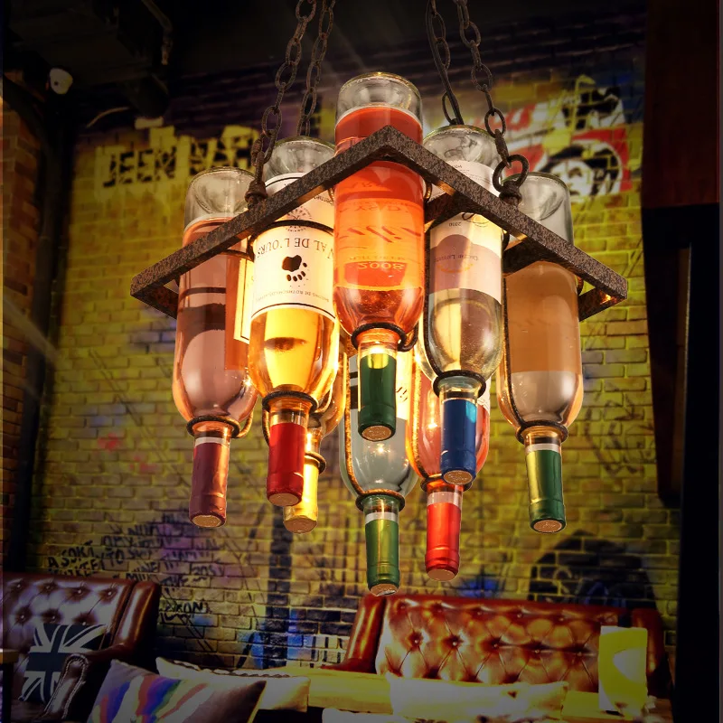 Industrial antique LED beer square light creative retro glass bottle chandelier cafe bar chandelier