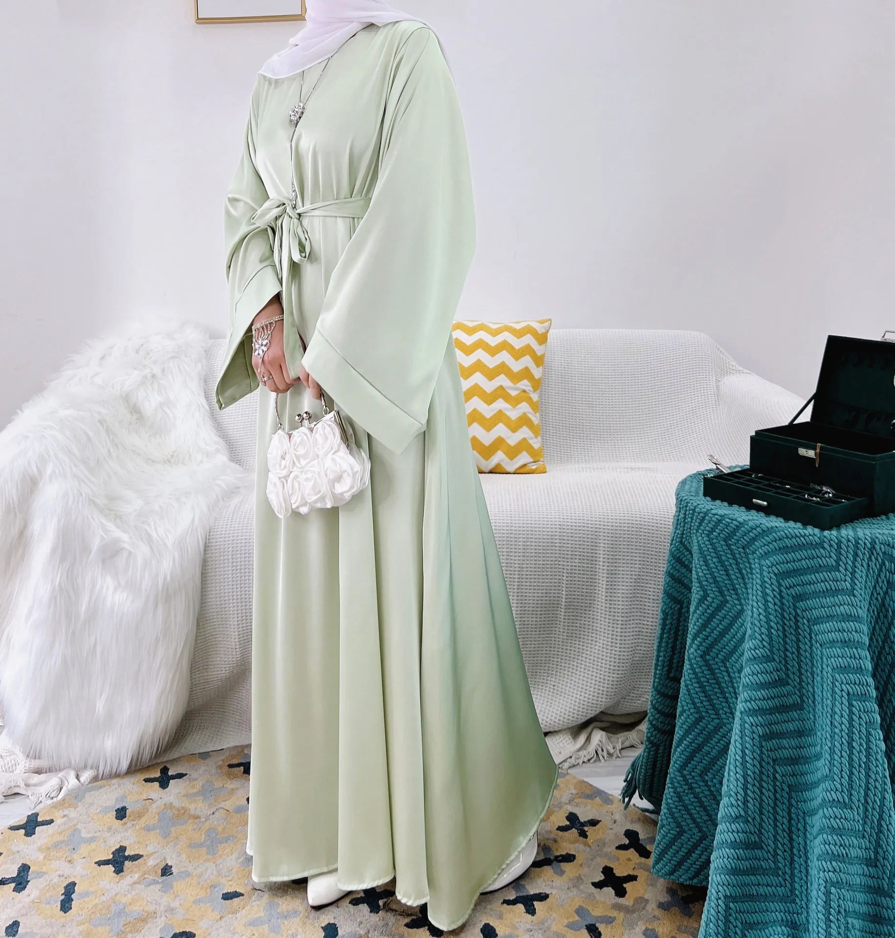 Regular-Fit Plain Stain Dubai Abaya Muslim Long Women Dress Modest Islamic Clothing Hijabi Robe-Long Wide Sleeves, Side Pockets