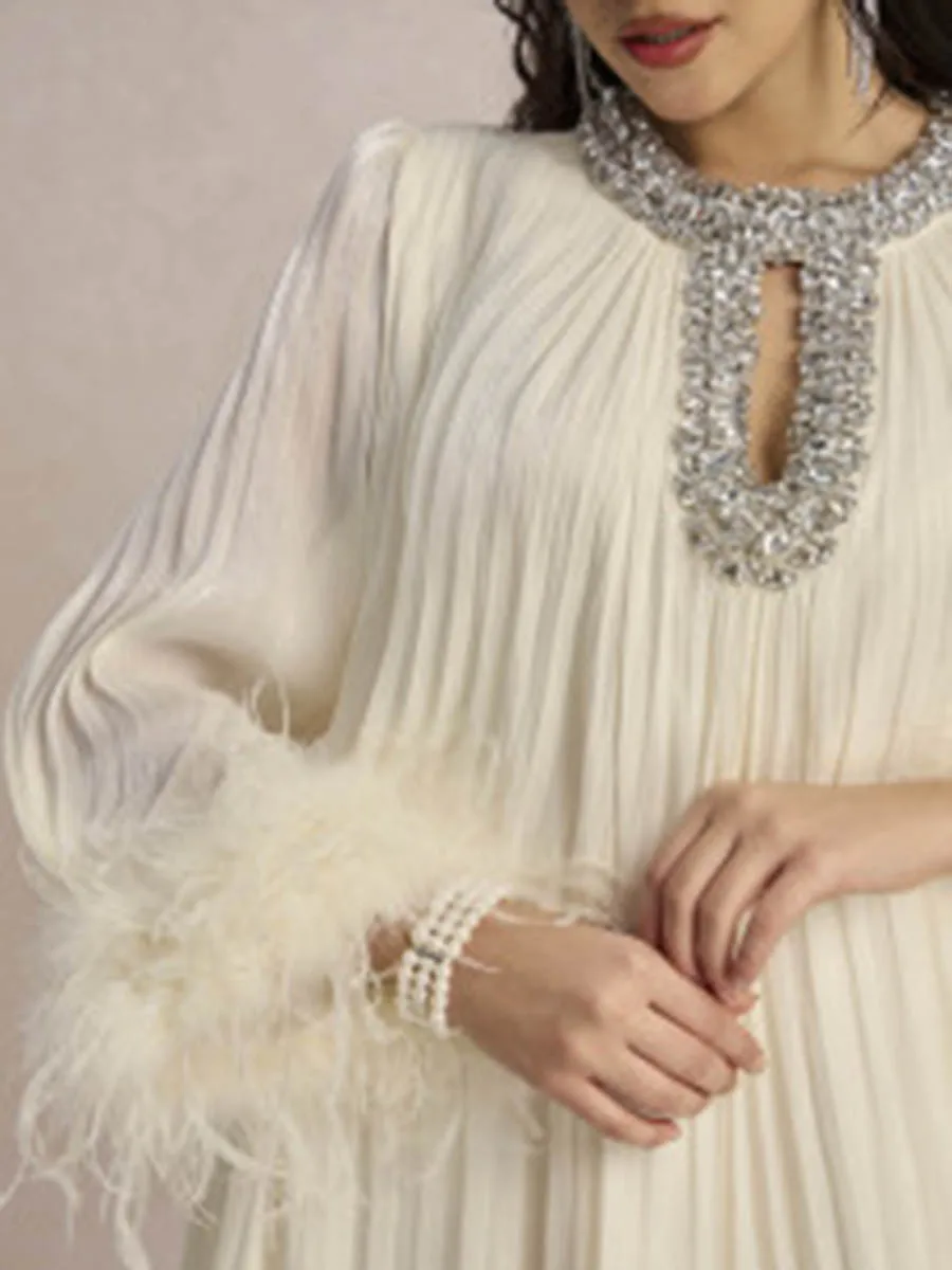 VGH Fashion Spliced Feathers Loose Chic Dress For Women O Neck Long Sleeve Hollow Out Patchwork Diamonds Pleated Dresses Female