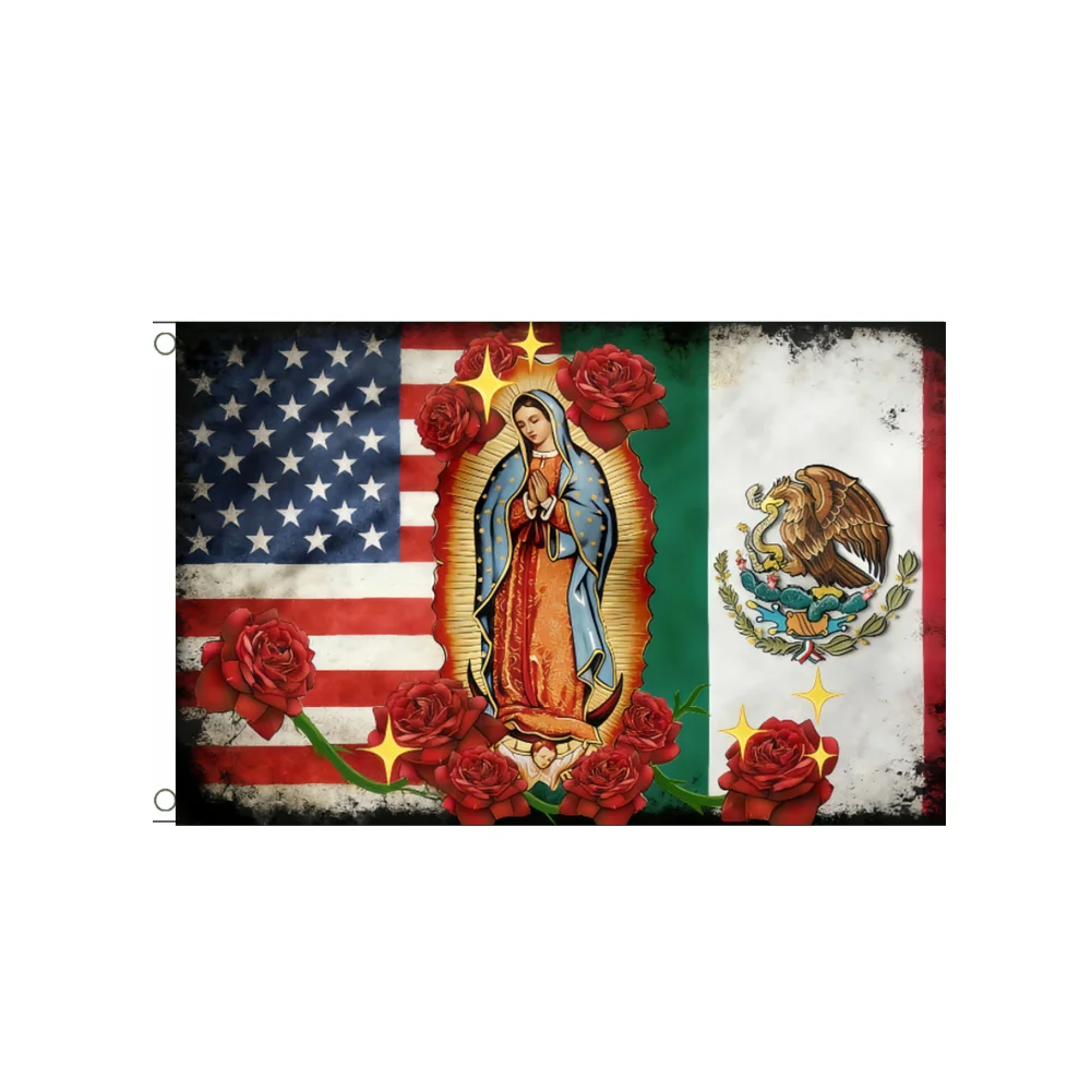 USA Mexico Flag Our Lady of Guadalupe Banner Hanging with Red Rose, Spiritual Religious Decor Gift for US Mexican Culture Lovers