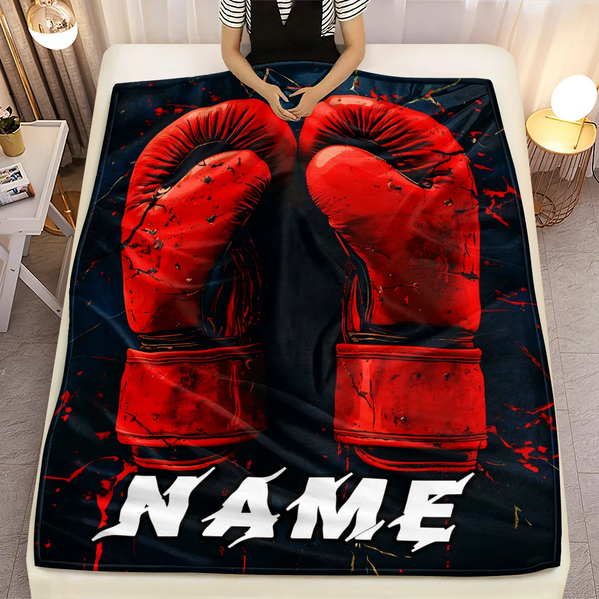 Personalized Boxing Gloves Blanket Name Sport Art Soft Fleece Throw Fighter Gift Home Decor Combat Theme
