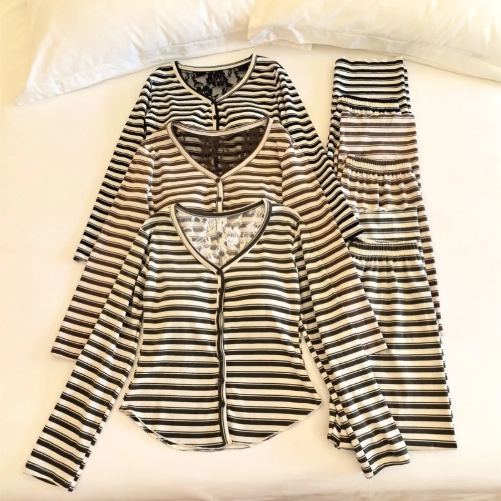 Striped Pajamas Set Autumn Sleepwear Chest Pads Pijama Long Sleeved Women's Loungewear 2-piece Loungewear Set Lady Home Clothing