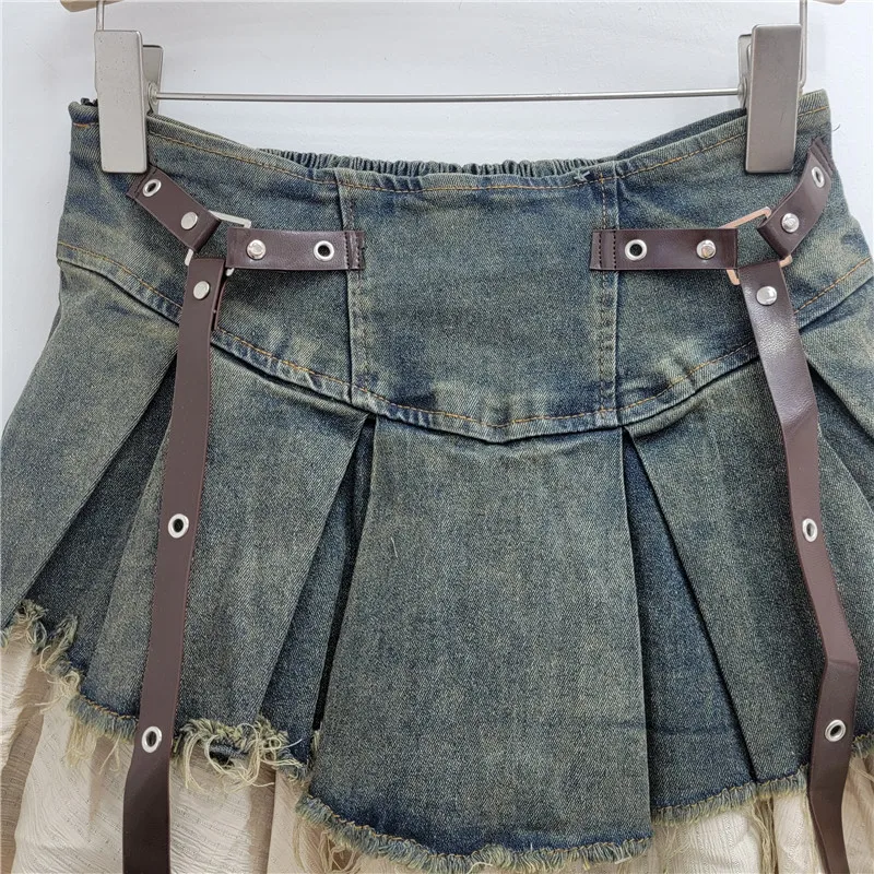 Vintage Denim Pleated Mini Skirt Women Irregular Patchwork Layered Skirt with Rivet Belt Y2K Streetwear Bottoms - view 4
