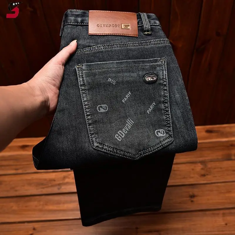 Celana Jeans Mewah Ringan Pria Trendi Gaya Korea Fashion Dicetak Celana Panjang Lurus Longgar Melar Musim Gugur Musim Dingin