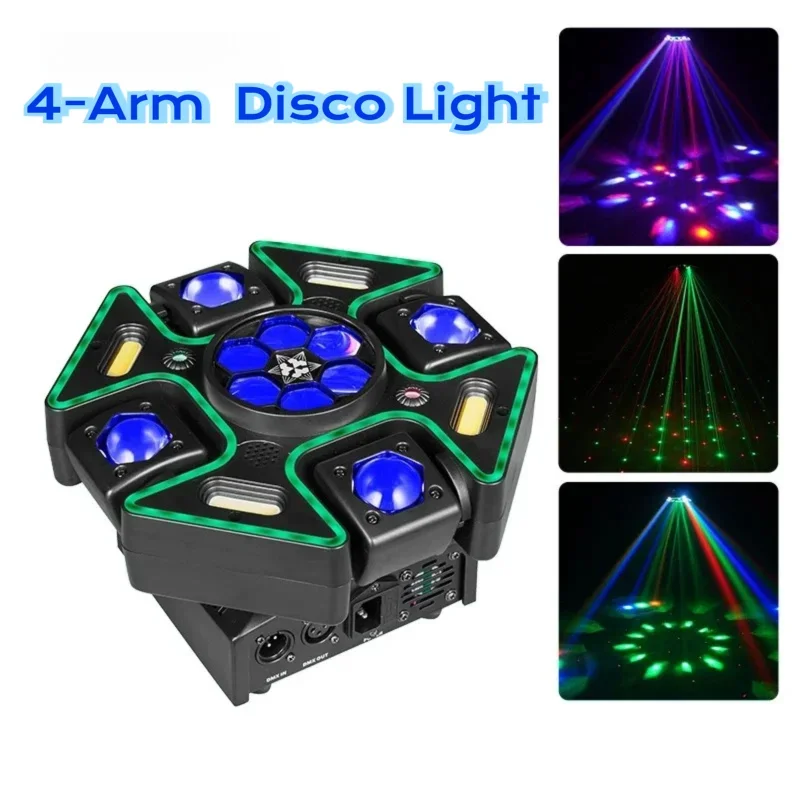 

Moving Head DJ Lights For Parties Stage Effect Light 4 Arm DMX/Sound Control LED Red Green Laser Strobe For Disco DJ Party Bars