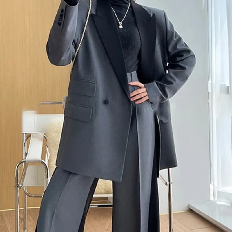 Big Size Brown Blazer Wide Leg Pants Two Piece Suit New Lapel Long Sleeve For Women Fashion Tide Spring Autumn 2024