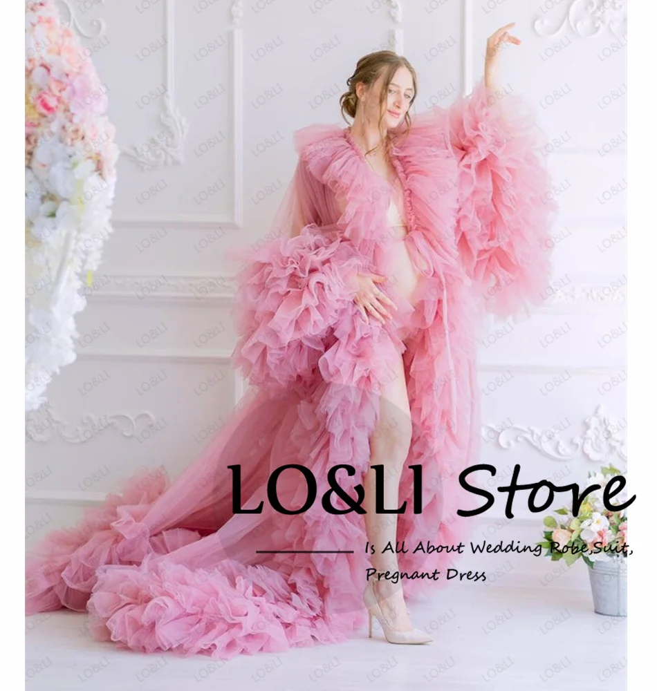 

LO&LI Maternity Dress Sheer Tull Dressing Gown Women Baby Shower Party Ruffles Girl's Robe Photo Shoot Puffy Long Sleeves Train