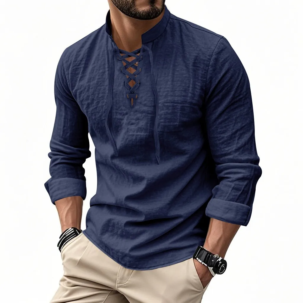 

Spring Men's Clothing Solid Color Long Sleeve Linen Henley Shirt For Men Loose Fit Stand Collar Casual Beach Hippie Wear