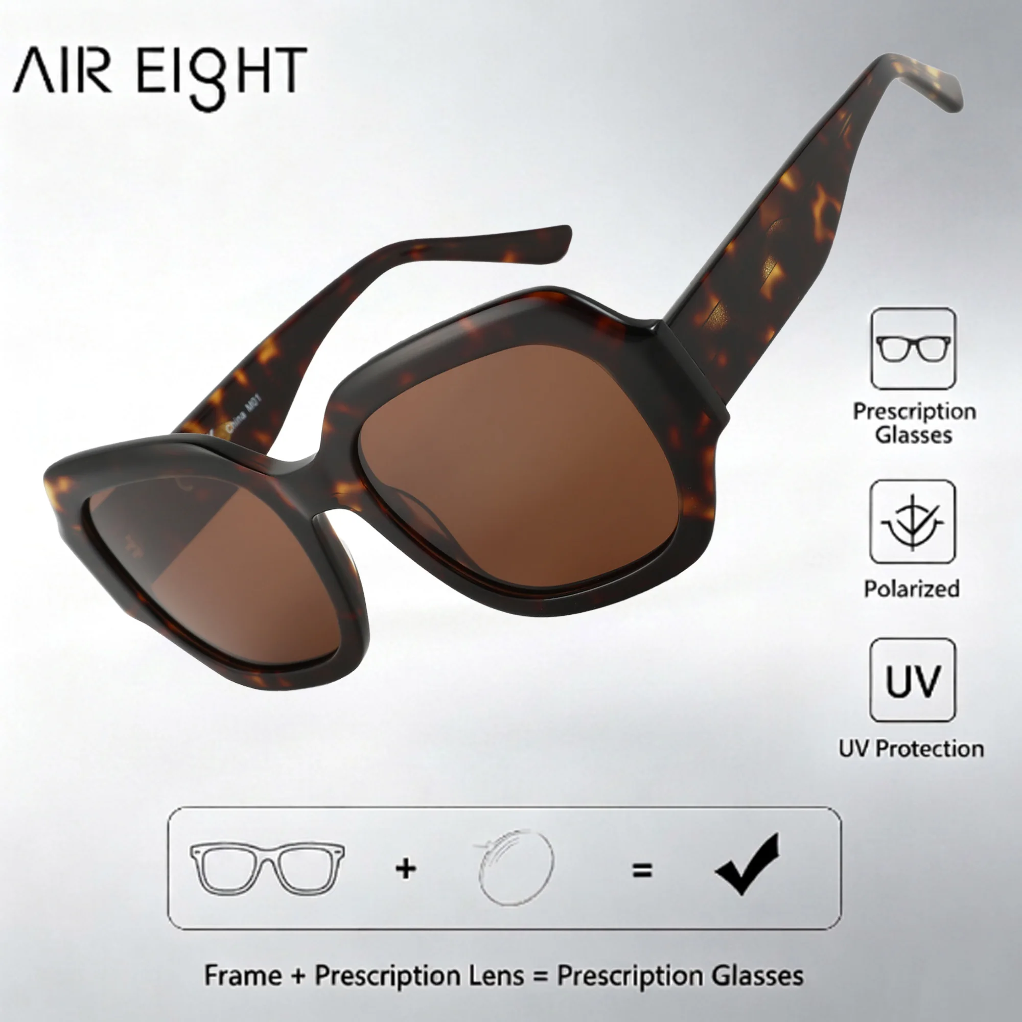 AIR EIGHT Square Handmade Acetate For Women Prescription Sun Glasses Polarized UV400 Progressive Lenses Office Eyeglasses