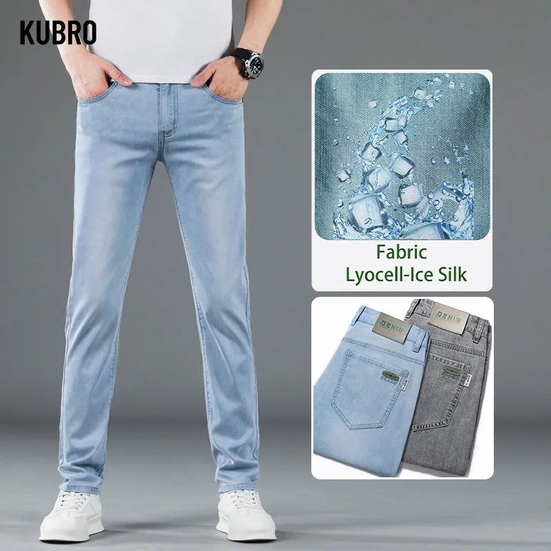 KUBRO-calça jeans fina de seda fria lyocell masculina, cintura alta, reta, jeans stretch, tamanho grande 28-40, moda americana, verão