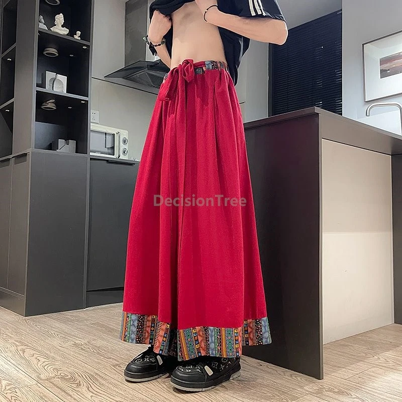 

2025 design sense men's hanfu skirt pants cotton and linen wide leg pants chinese ethnic style printing loose patchwork trousers
