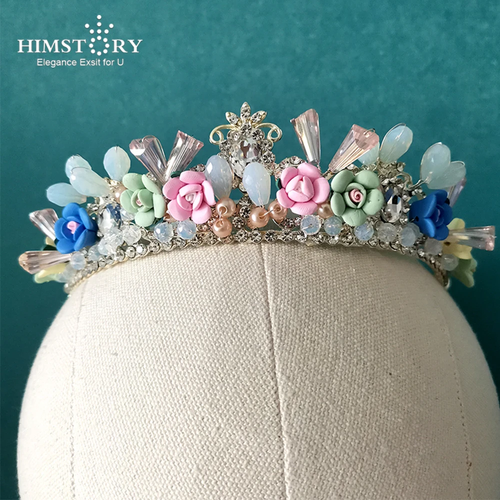 HIMSTORY-corona nupcial de flores de Arcilla rosa Vintage, diadema de desfile de diamantes de imitación, Tiaras para niñas, accesorios para el cabello de boda