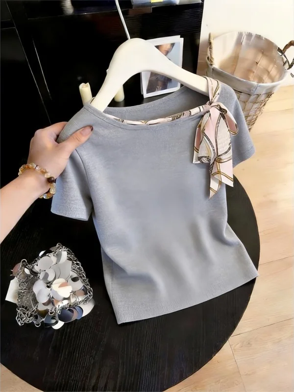 

Летняя футболка Ele Design с коротким рукавом, женская модная облегающая футболка, повседневная свободная футболка с открытыми плечами, универсальная.