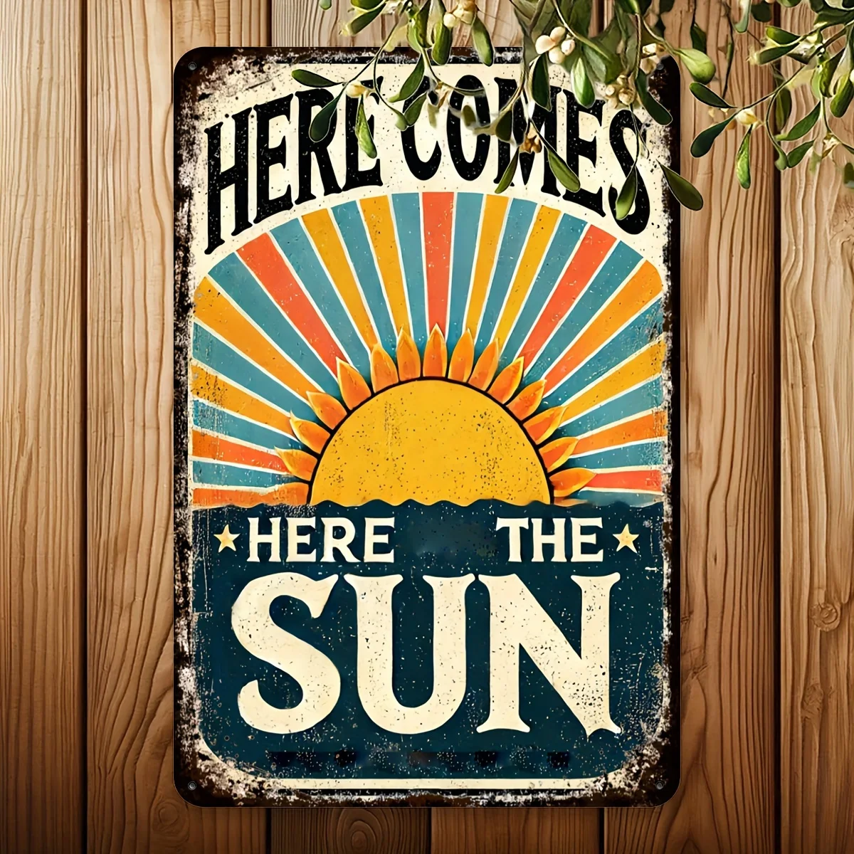 Placa Metálica Vintage 'Here Comes the Sun' para Pared - Letrero Retro de Hojalata con Diseño Vibrante de Rayos Solares, Arte Rústico de Hierro para el Hogar, Ba