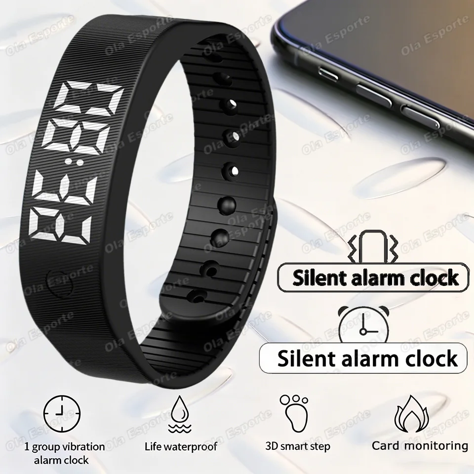 LED Digitale Wekkerhorloge, Verstelbaar, Snooze-proof Alarm, Armband met Stappenteller, Waterdicht, Trilalarm HT30