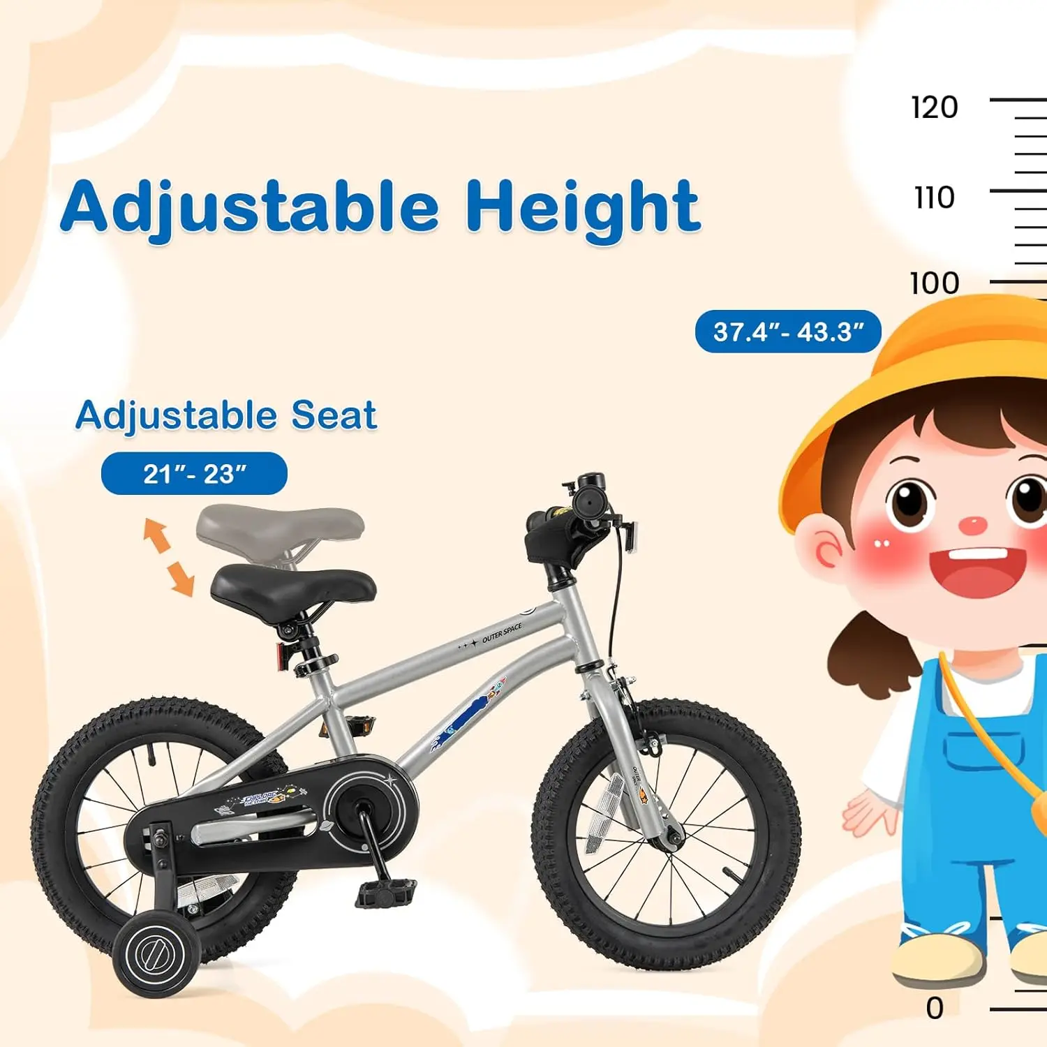 Outer Space kinderfiets, 14 16 18 inch sportfiets voor 3-8 jaar oud met verstelbaar zadel, zijwieltjes, verbrede band, handbeha