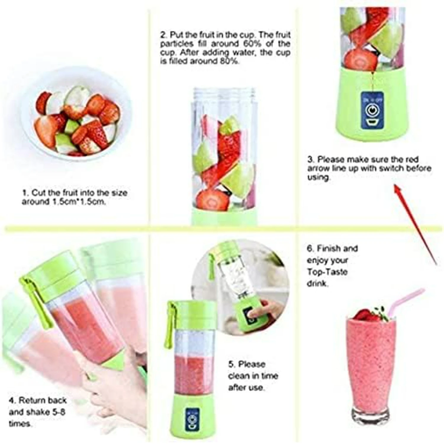 Green Portable USB Rechargeable Personal Blender for Fruit Juice, Shakes and Smoothies with 6 Blades Juicer Cup, 380ML Capacity,