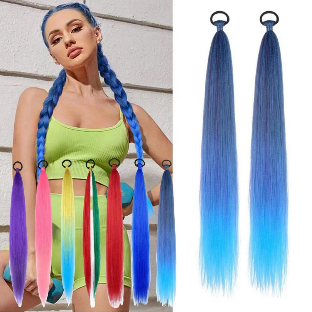 

A European-Style Headwear For Women With A Rubber Band Ponytail And Colorful Braids, Featuring Straight Hair In A Ponytail