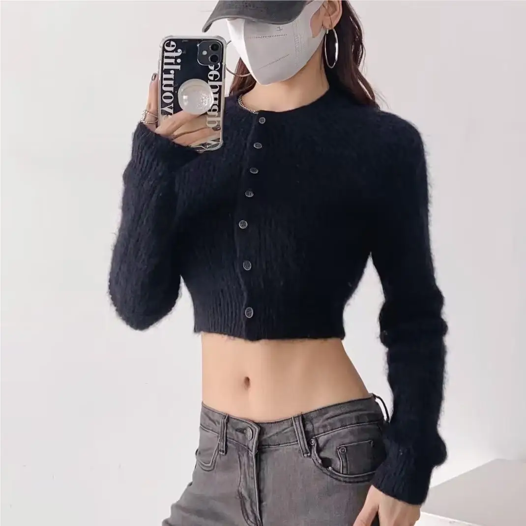 Winter clothes sweaters for women fashion 2024 Fall crop cardigan fuzzy casual knitwears black long sleeve cardigan button up