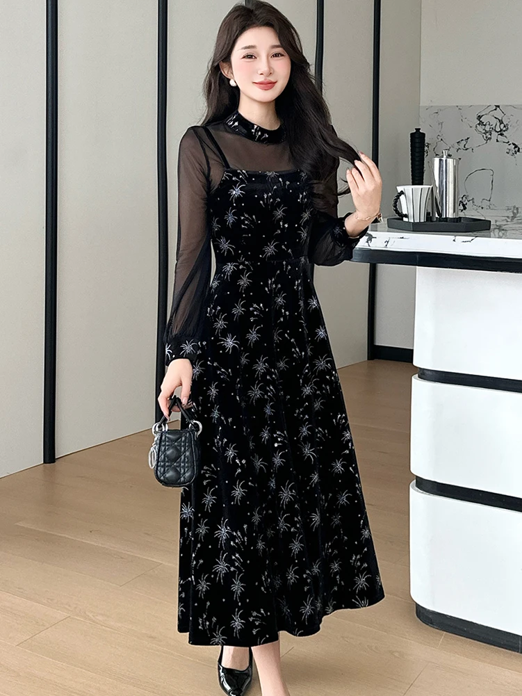 المرأة الكورية خمر هيبورن فستان فاخر الدعاوى الخريف الشتاء الأسود المخملية المرقعة فستان شبكي 2025 أنيقة Bodycon فستان الحفلات