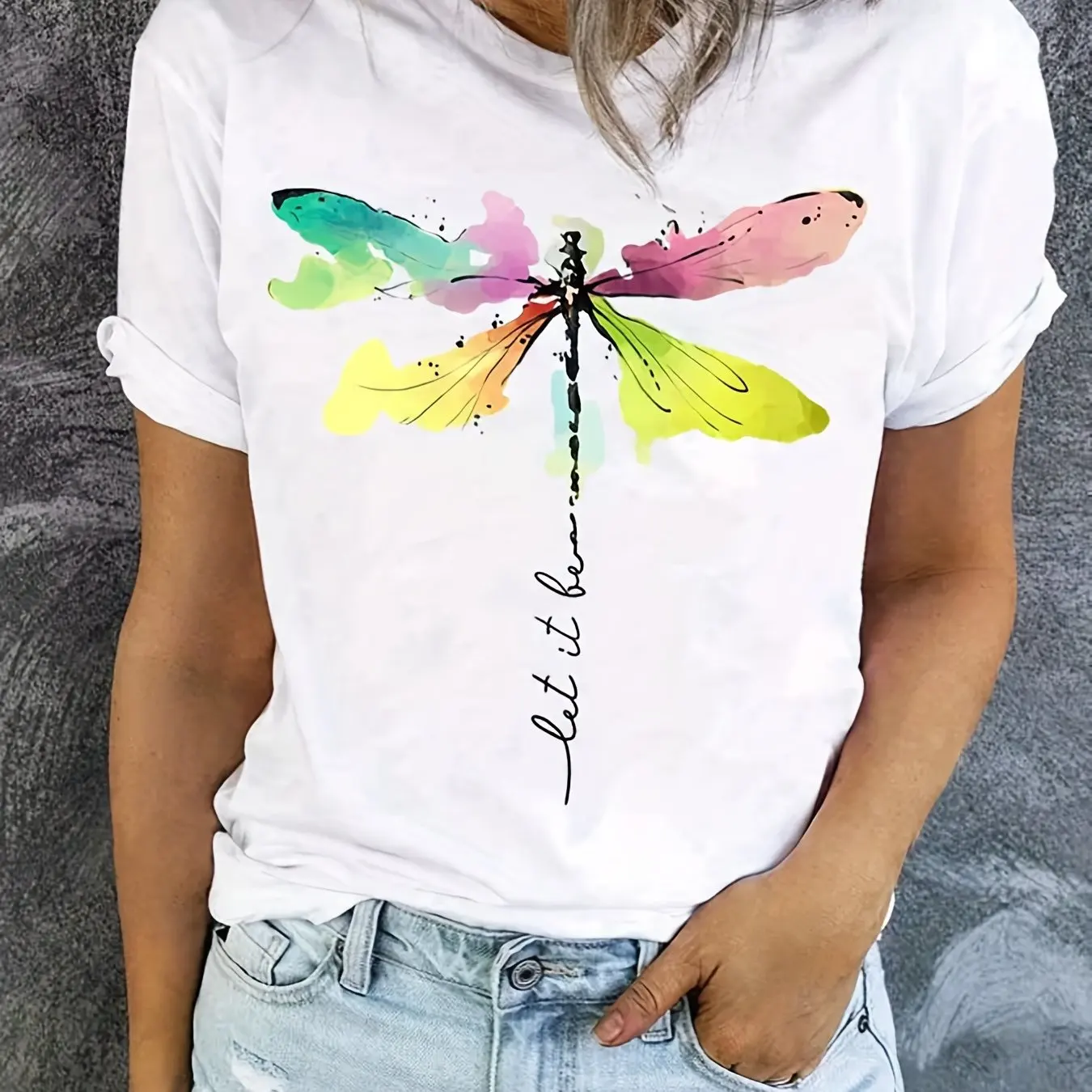 Dragonfly Print Crew Neck T-Shirt Casual Short Sleeve T-Shirt For Spring & Summer Women's Clothing casual basics O-collar tshirt