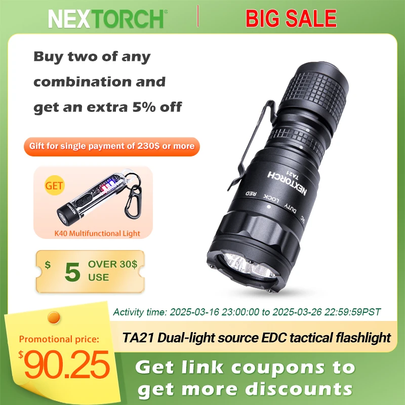 NEXTORCH TA21 1300 Lumen EDC Tactical Flashlight Red and white dual light source high power flashlight Mini portable flashlight