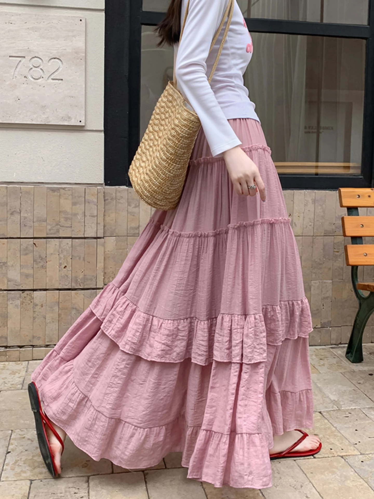 

Emily Clud Recommended～Pleated Cake Skirt Women's Spring Summer Elastic Waist Draped A-Line Long Skirts