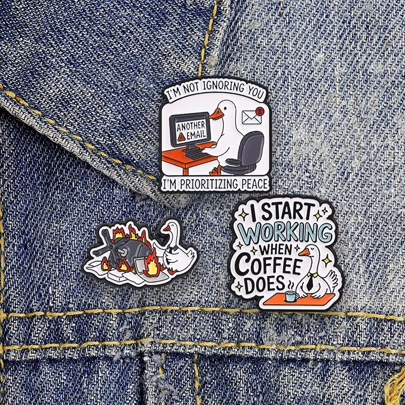 I Start Working When Coffee Does Prioritizing Peace Enamel Badges Funny Office Goose Quote Alloy Brooches Gifts For Worker