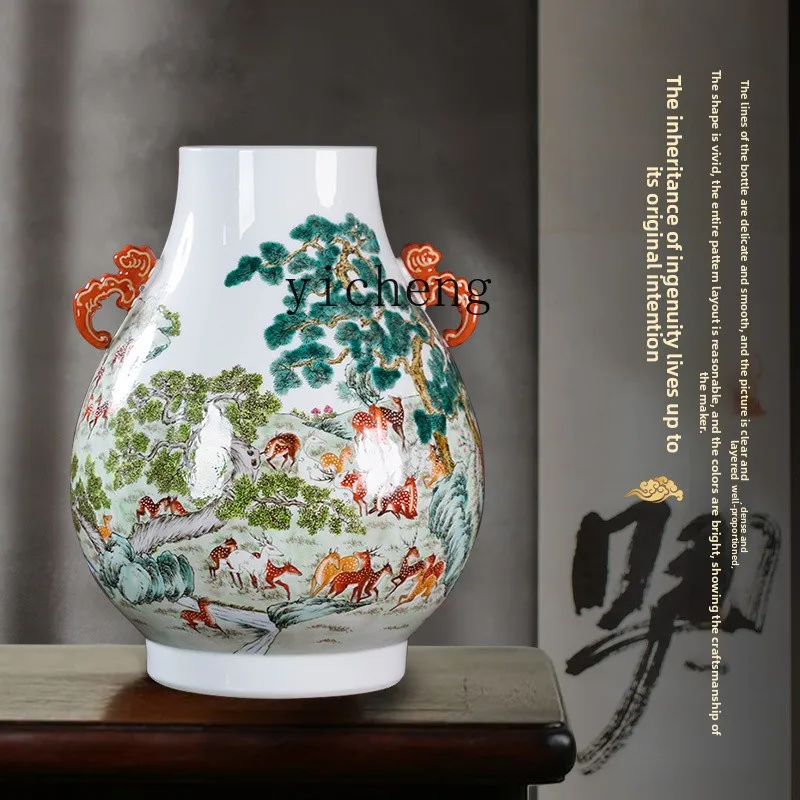 L7-8 ceramics vase antique binaural Bailu Tufu tube vase hand-painted Chinese living room entrance decorative ornament