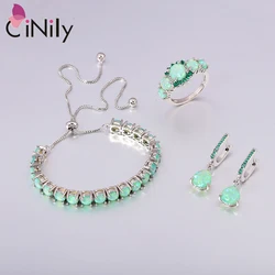 CiNily Fashion Green Opal Jewelry Sets for Women Sliver Plated Bracelet&Drop Earrings&Rings With Zircon Bohemia Boho Style