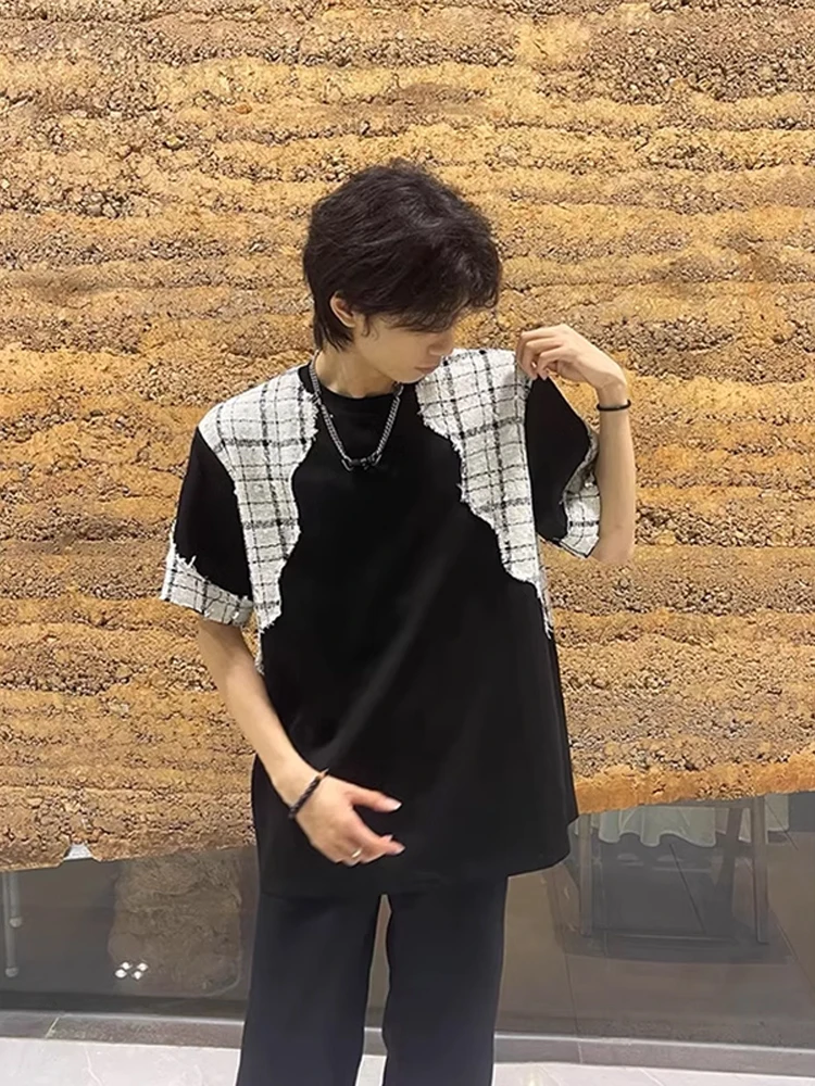 

Shoulder Pad T-Shirt Men's Summer Loose Fit Short Sleeve Breathable Fashionable Youth Poplin Splice Style American Half Sleeve