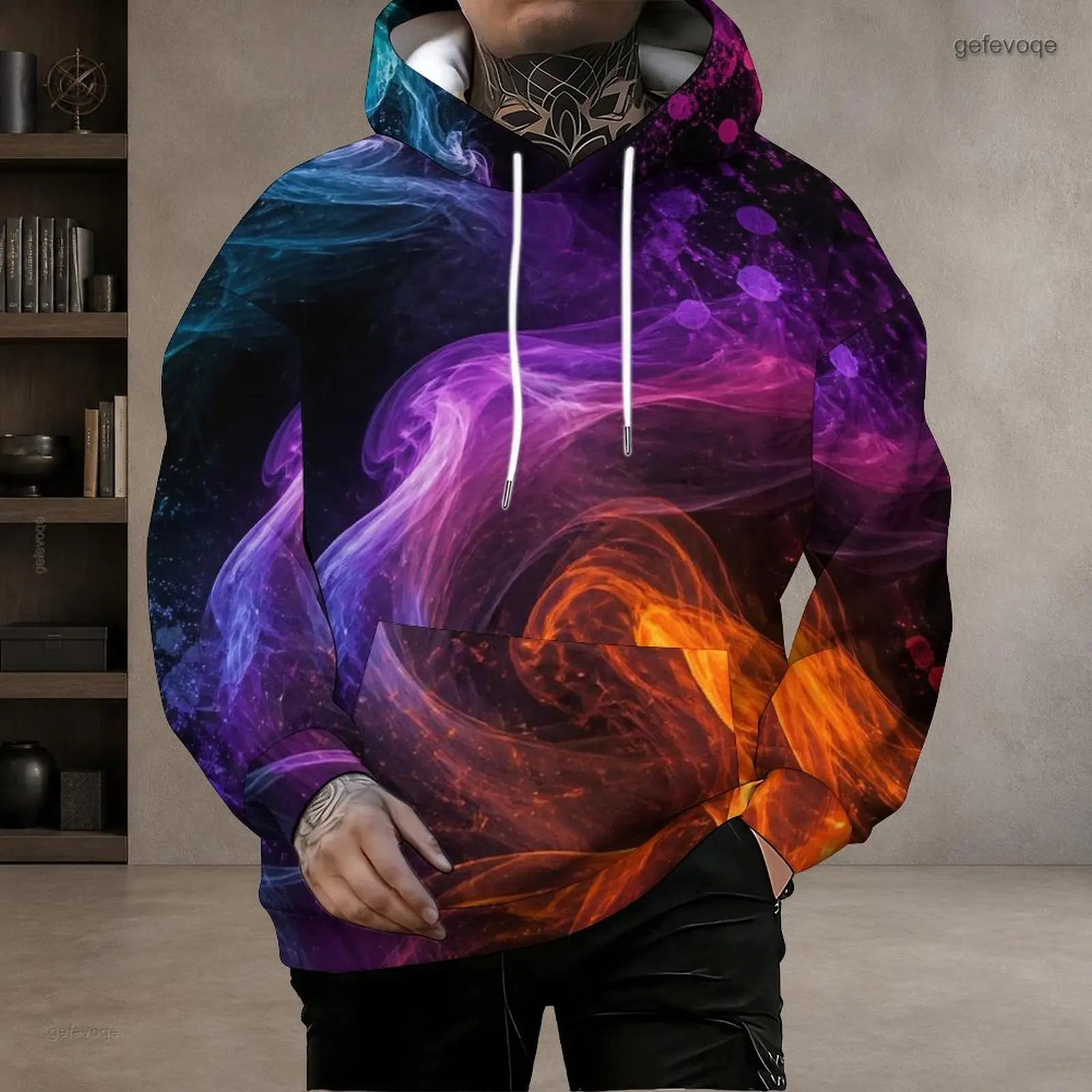 Men Abstract Swirling Smoke Nebula Print Long Sleeve Pullover Hoodie with Drawstring Hood and Kangaroo Pocket