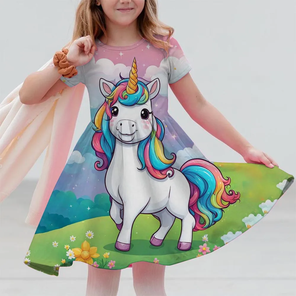 

Baby's Colorful Unicorn print Mermaid Cartoon Pattern Casual Cap Sleeve Dress, Infant & Toddler Girl's Clothing For Summer/Sprin