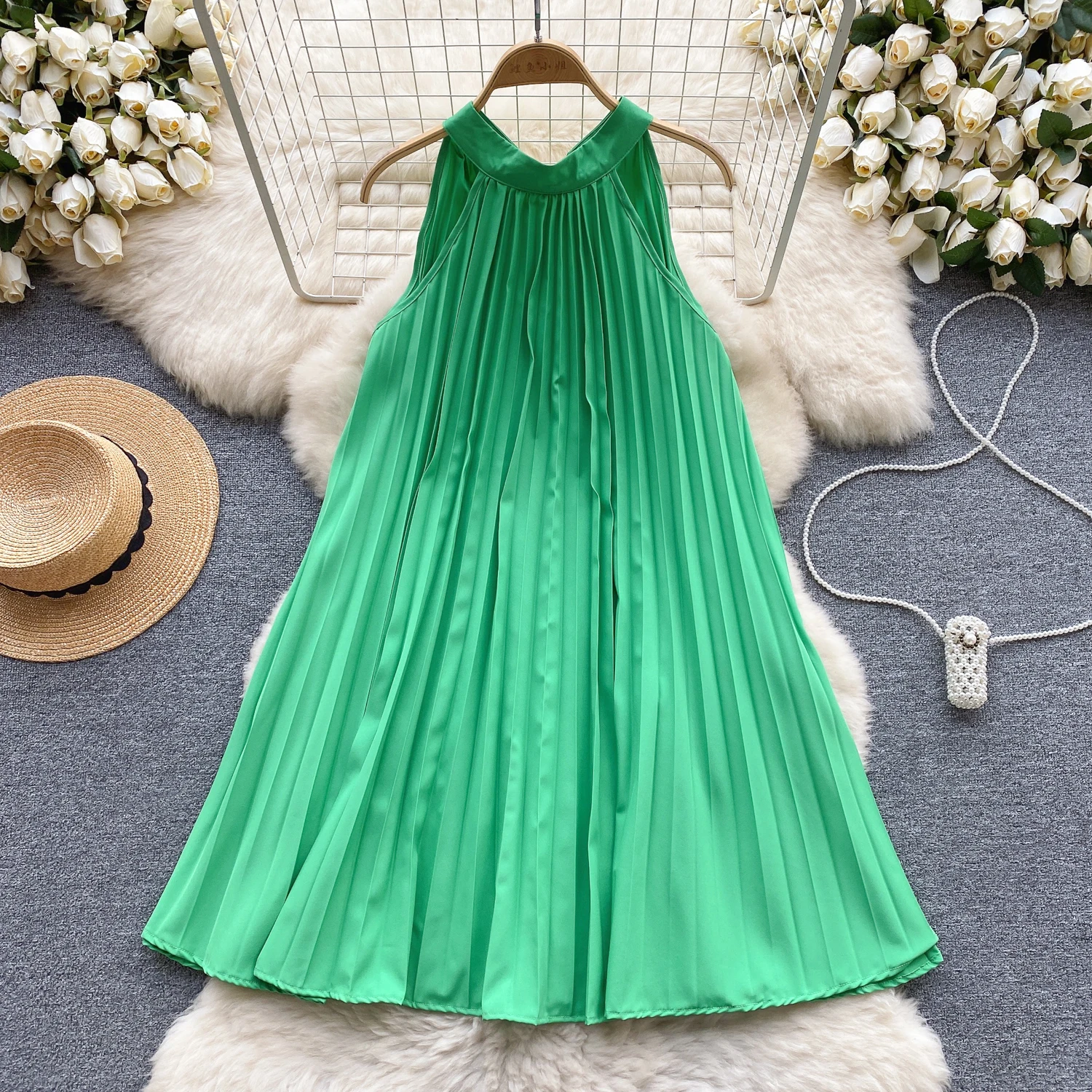 Chic Solid Pleated Bow Slip Dress Elegant Halter Dress Beach Casual Vacation Sleeveless A-line Vestidos Summer Women