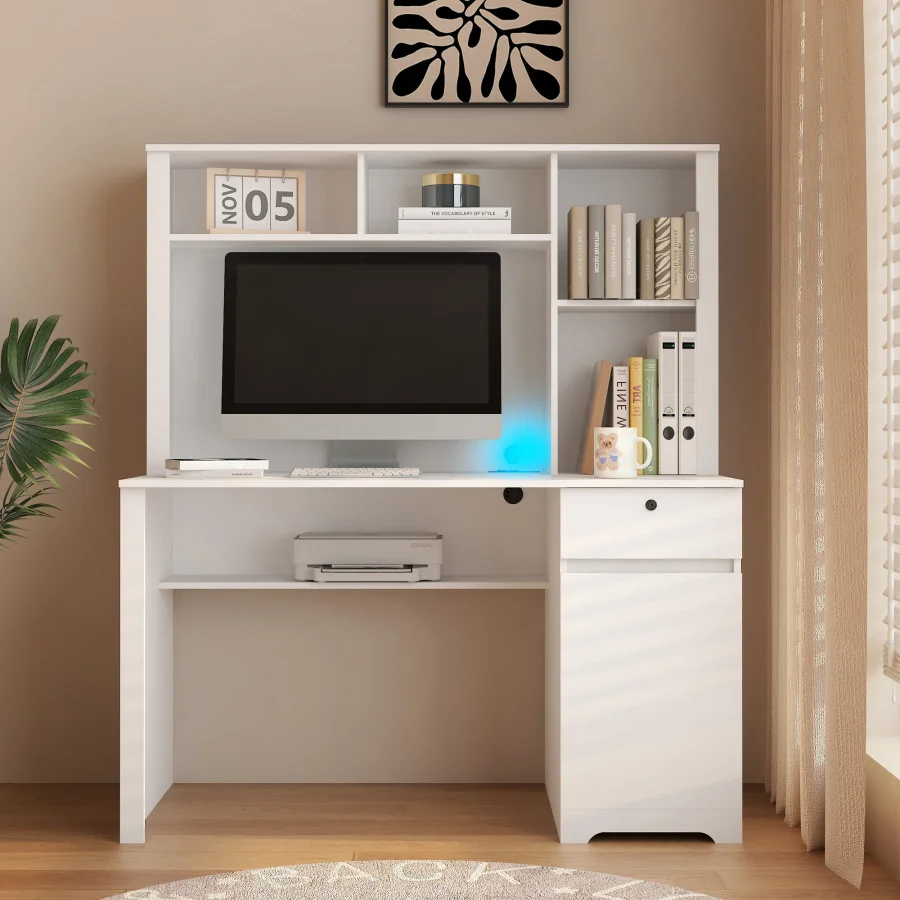 Wood Executive Desk Teens Student Writing Laptop Home Office Table with Hutch Bookshelf Drawers White