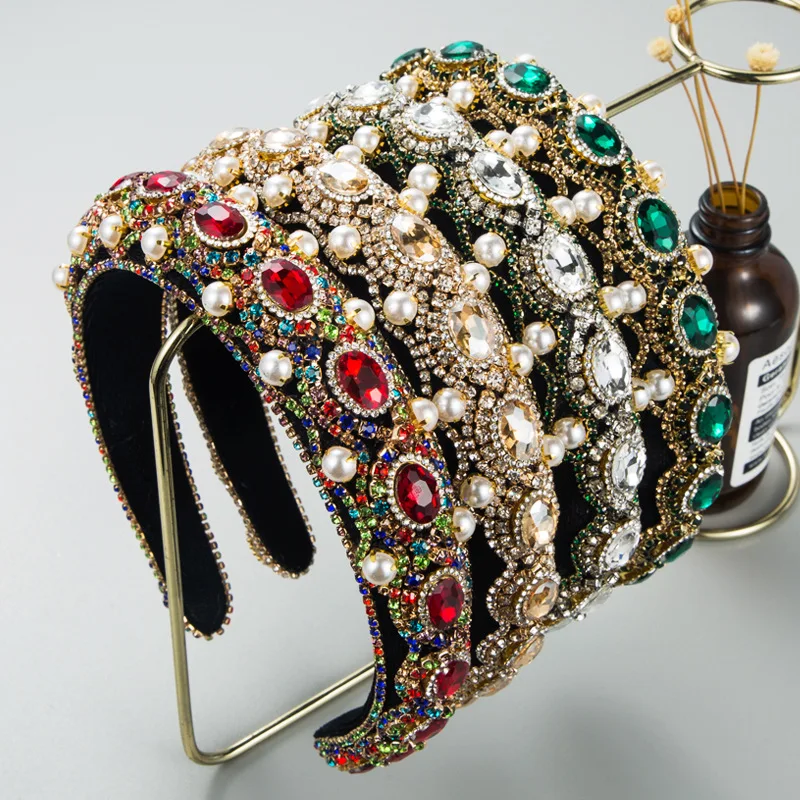 Street shooting rhinestone sponge wide edge headband with diamonds antique court hair accessories retro high cranial top pressur