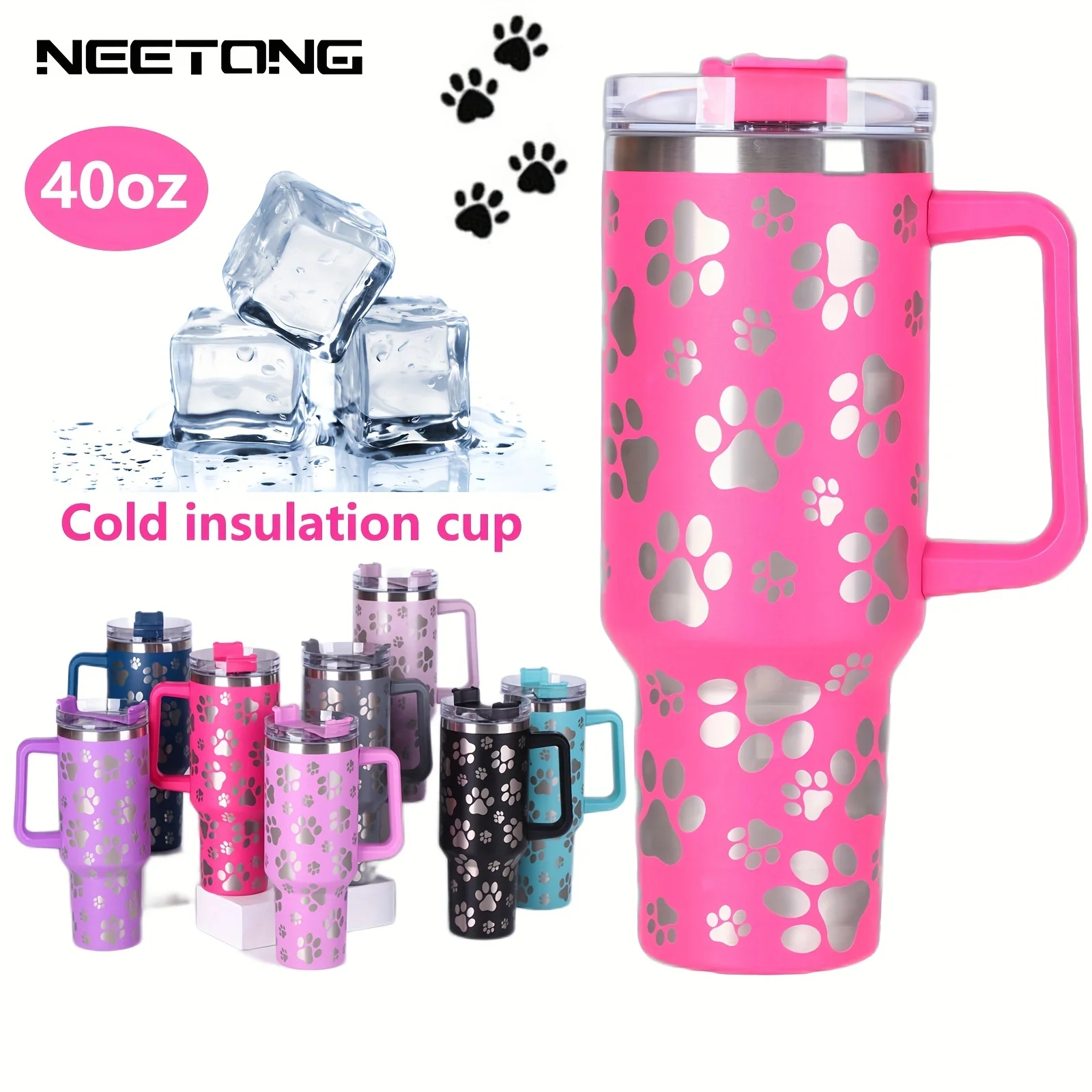 1pc, Insulated Stainless Steel Tumbler, 40oz Cat Paw Pattern Coffee Mugs With Lid And Handle, Cat Footprint Double Wall Vacuum C