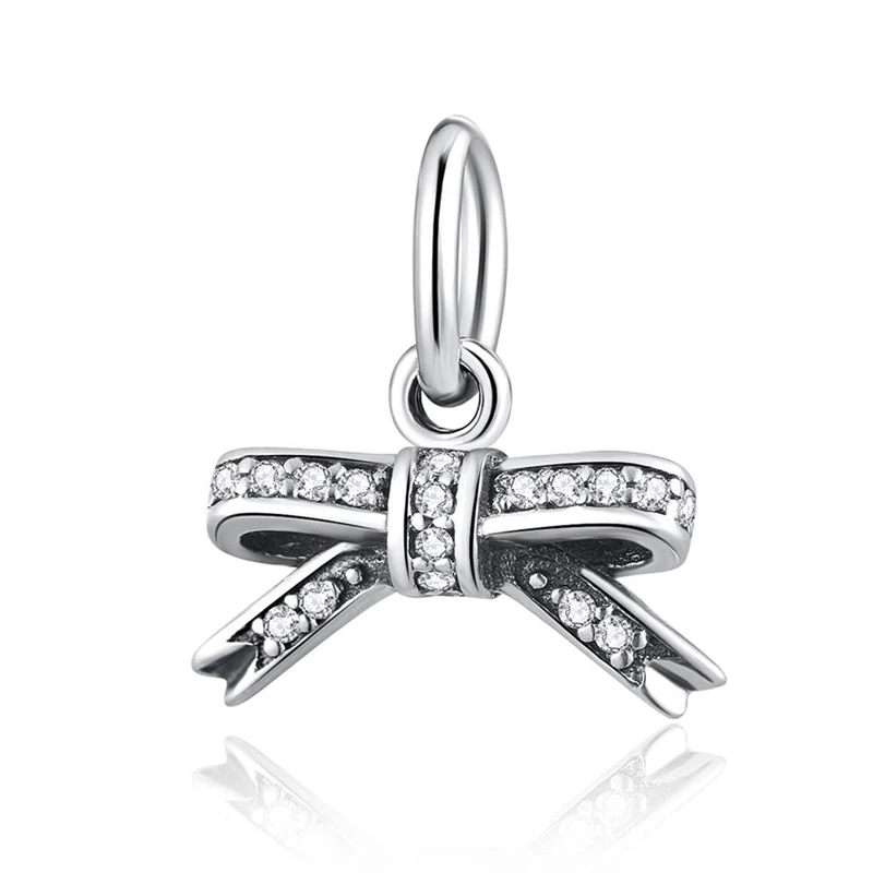 Sparkling Bow Dangle Charm Fit Women Bracelet Bangle DIY Jewelry S925 Sterling Silver Pendant Bead Lady Girl Gift