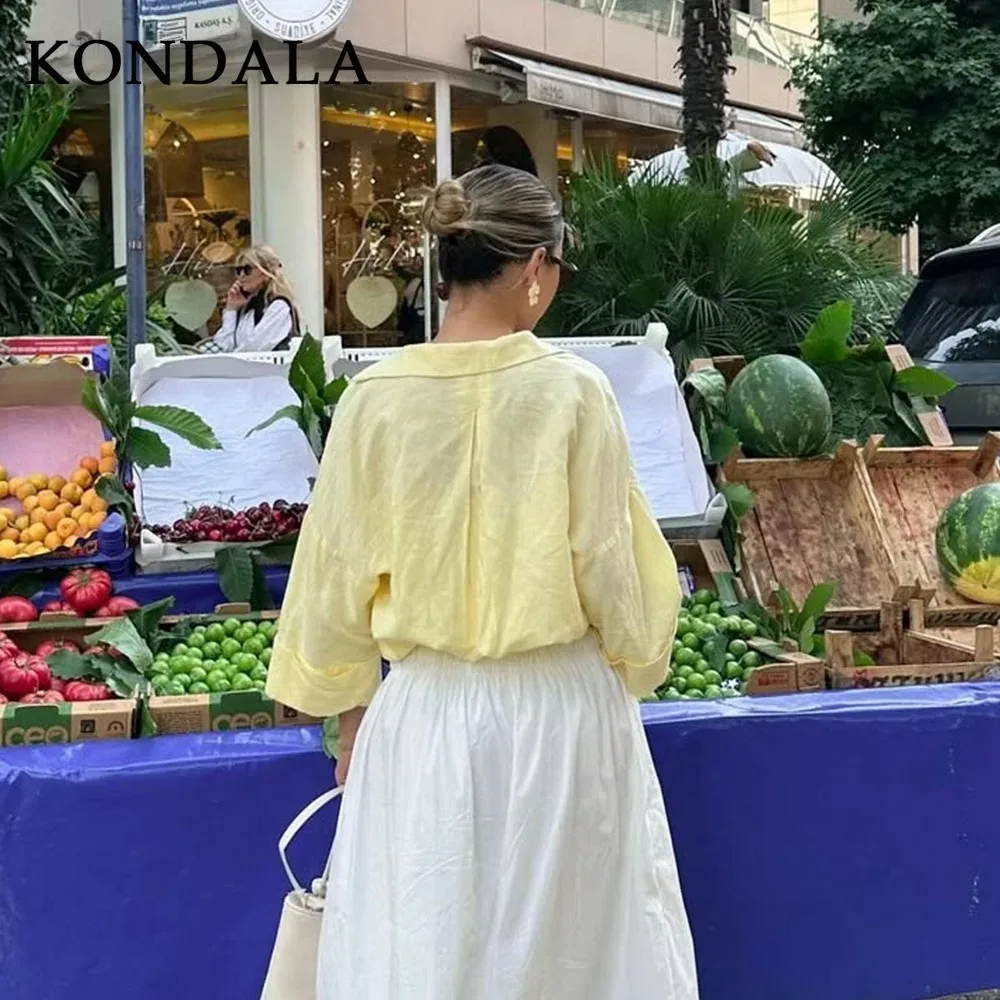 KONDALA2025 automne hiver décontracté mince femmes chemises mode beurre jaune solide ample simple boutonnage Chic élégant dames Cardigans