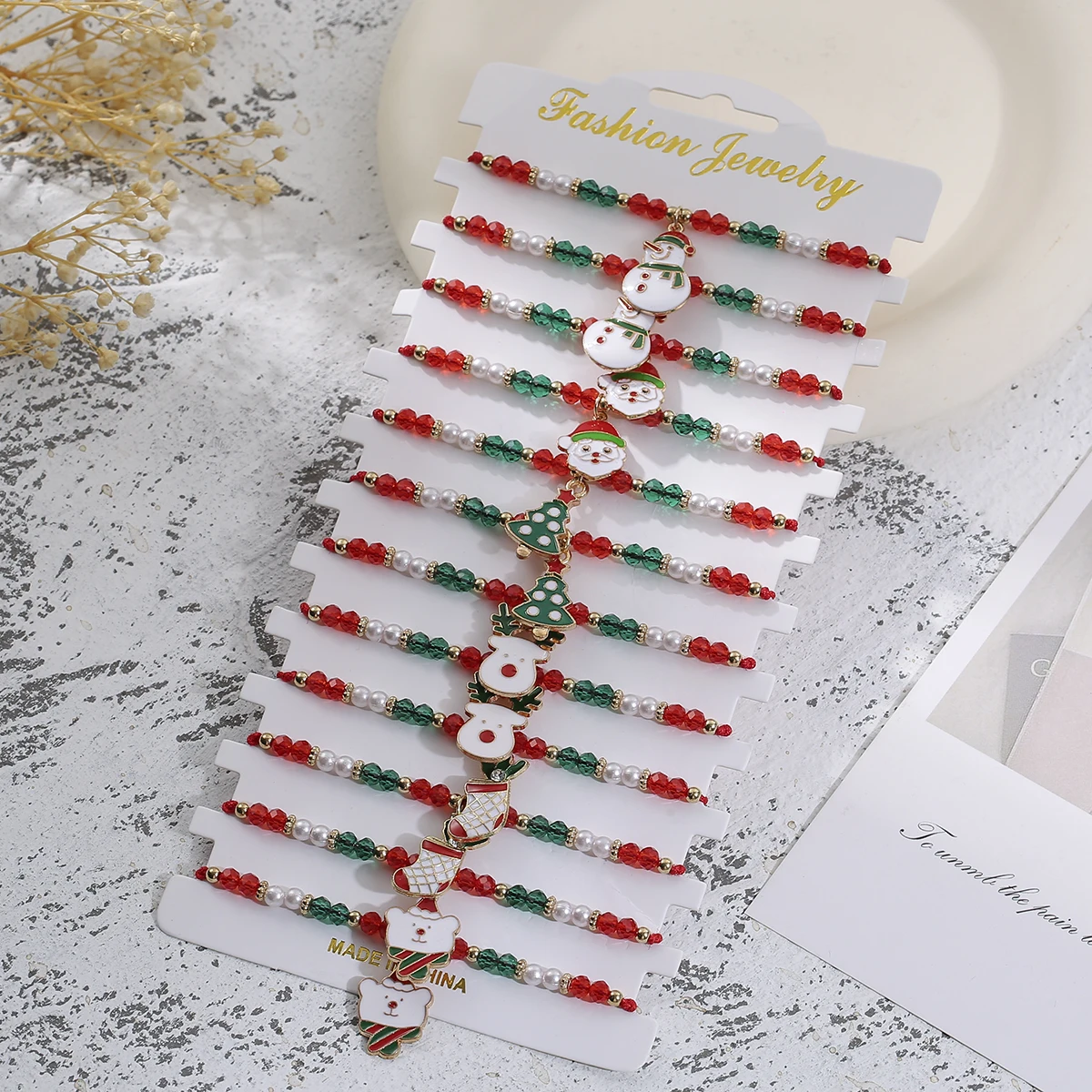 12PCS/SET Christmas Charm Bracelet Set Santa Claus Christmas Tree Snowman Rope Adjustable Bracelet for Women New Year Gift ﻿