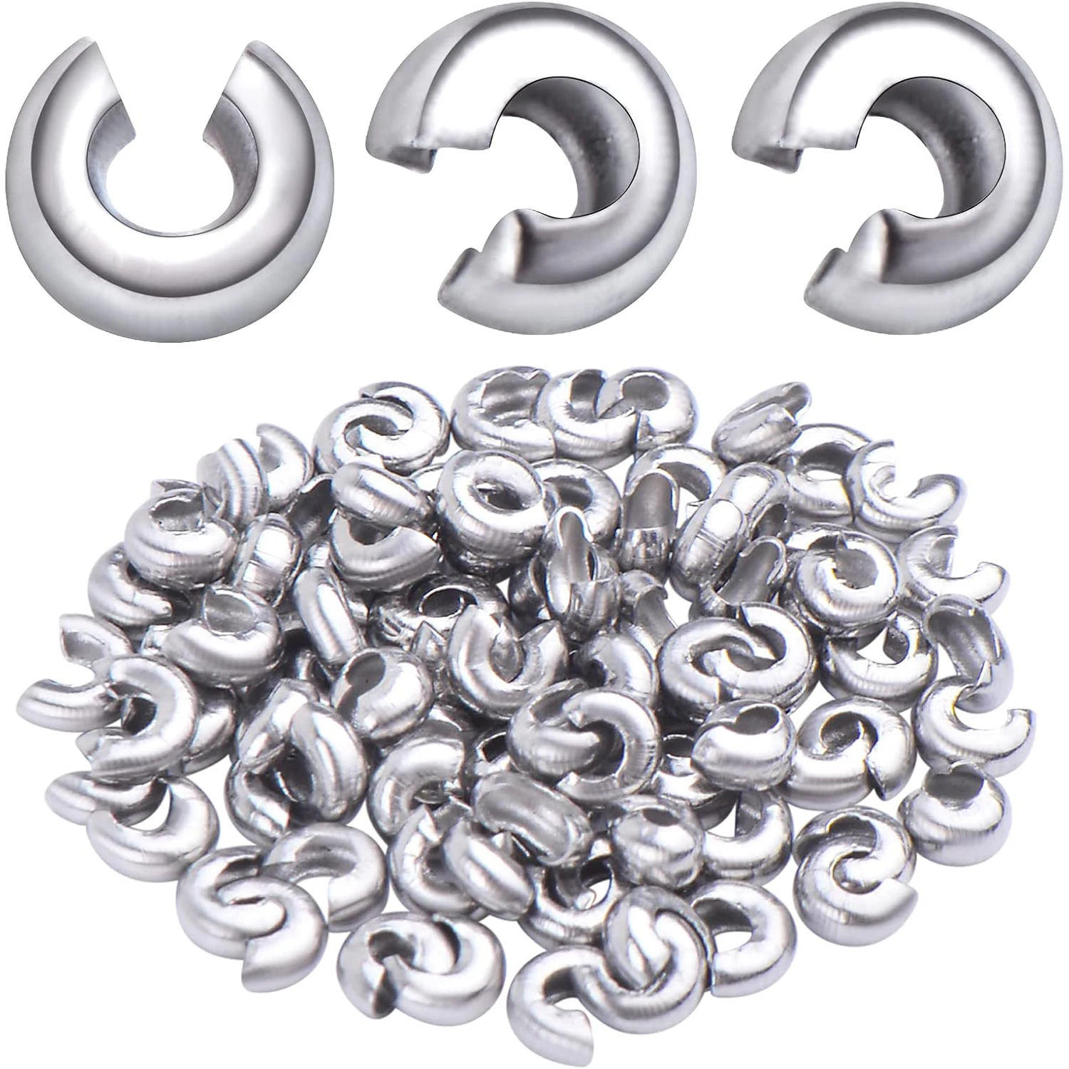 

100pcs Crimp Bead Knot Covers Half Round Open Crimp Beads Cover Clamp End Cap Tips with A Plastic Box for DIY Jewelry Making