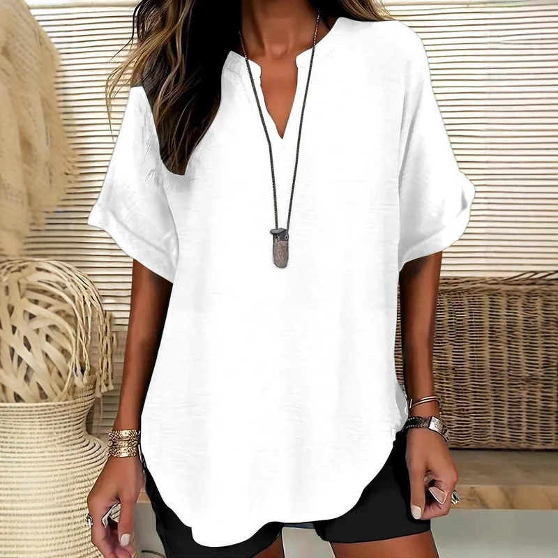 Casual damesshirt met losse pasvorm en V-hals - Ademende zomerblouse in effen kleuren, trendy oversized top voor Europese en Amerikaanse S