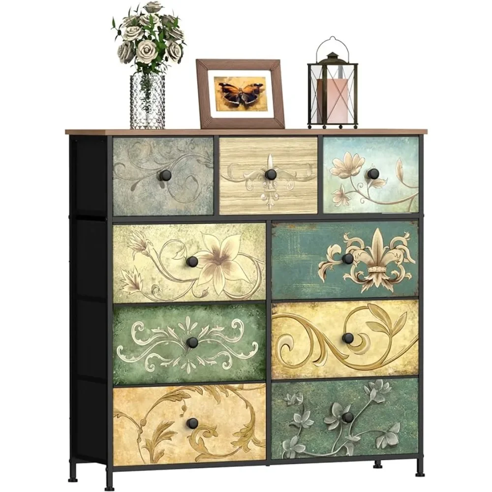 Nursery Entryway Hall Tree TV Stand for Living Room Retro Floral Pattern Drawers Wooden Top (9 Drawers) Dresser Kommoden Mirrors