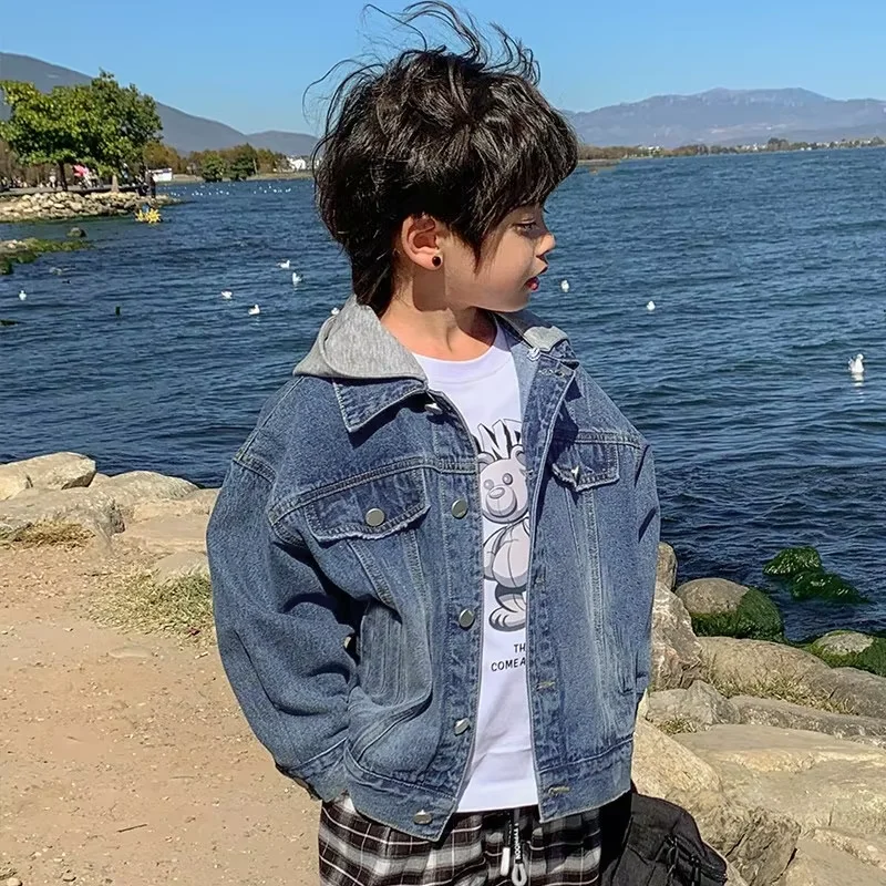 2026 New Fashion Boys Denim Coat Detachable Hooded Jacket Spring Autumn Kids Casual Jean Outerwear Tops 120-160CM
